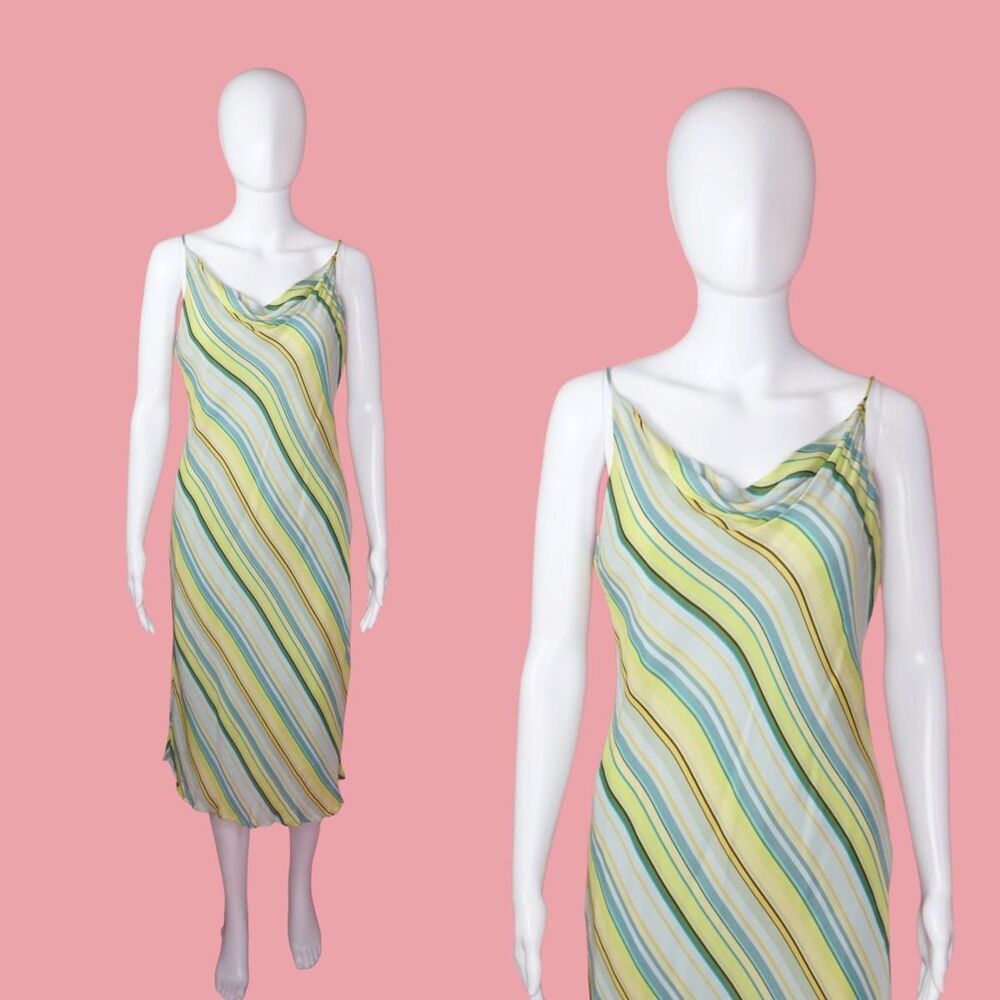 Y2K TRIO NEW YORK. Cowl Neck, Draped Slinky. Silk Striped Slip Dress. M-L. AS IS